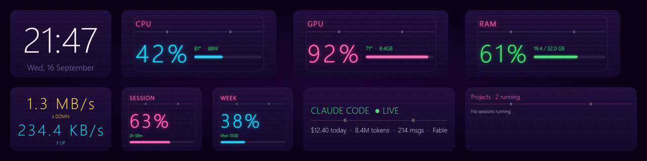 The Synthwave skin: neon pink and cyan on purple
